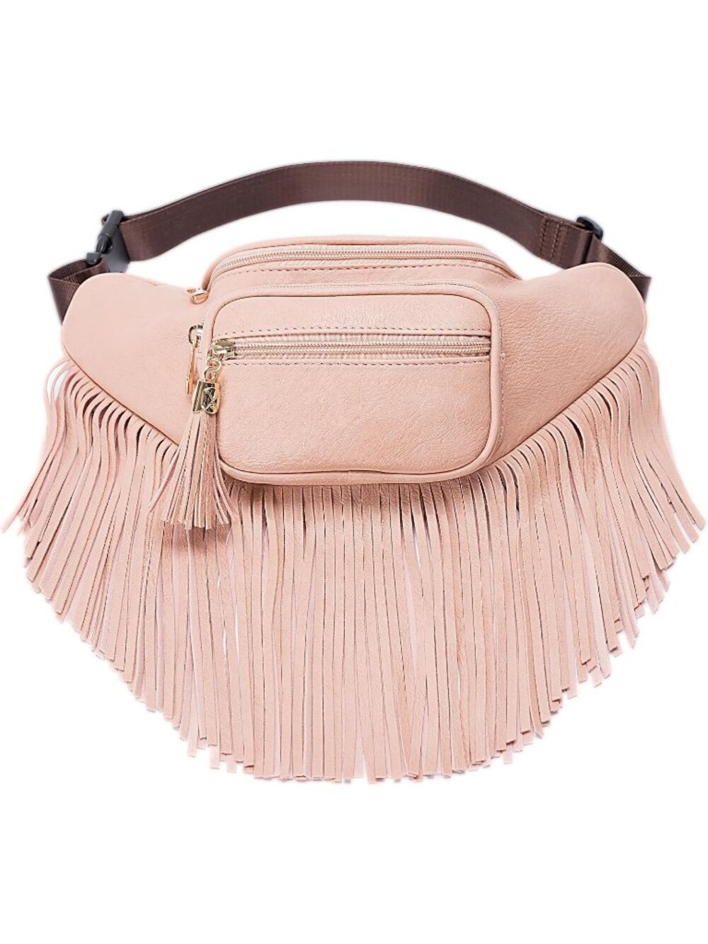 Women's Rose Pink Fringe Waist With Multi Zipper Pockets Fanny Pack Travel Bags